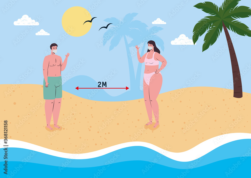 social distancing on the beach, couple wearing medical mask in the beach, new normal summer beach concept after coronavirus or covid 19 vector illustration design