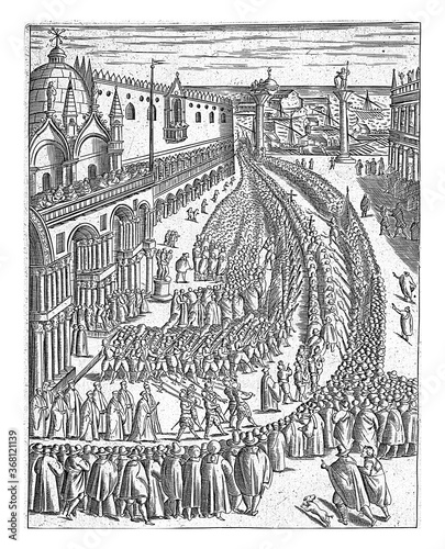 Procession on the Piazzetta in Venice, anonymous, 1610, vintage illustration. photo