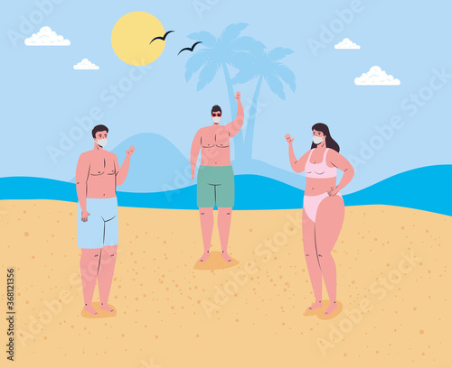 social distancing on the beach, people wearing medical mask keep distance in the beach, new normal summer beach concept after coronavirus or covid 19 vector illustration