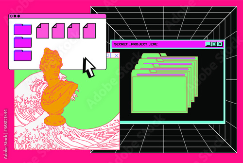 Cyberpunk style collage with user interface elements, gypsum bust and picture of ocean waves. Conceptual vector illustration of virtual reality and the internet surfing.