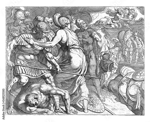 Obraz na plátně Jupiter and Minerva stop the battle between Odysseus and the Ithacans, vintage illustration