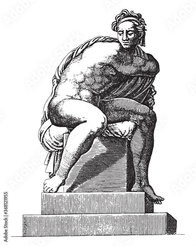 Seated Nude, Adamo Scultori, after Michelangelo, 1585, vintage illustration.