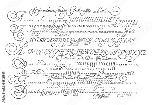 Examples of the Italian and Spanish letter, vintage illustration.