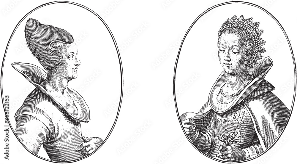 Portraits of the courtesans named Schone Malmeuspier and Vrouw Anna L, vintage illustration.