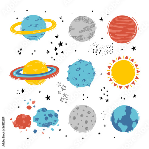 Solar System. Space Vector Set with Cute Planets , Sun, Meteorite.