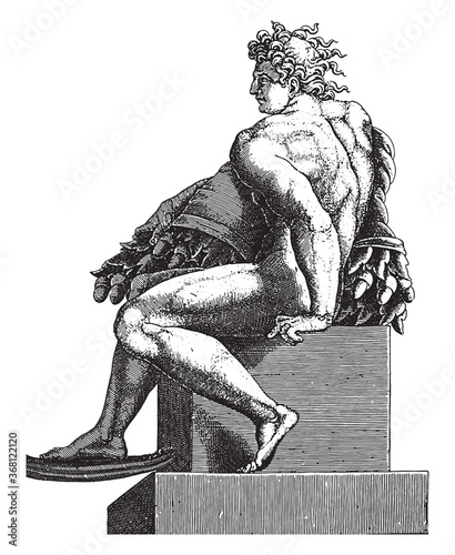 Seated Nude, Adamo Scultori, after Michelangelo, 1585, vintage illustration. photo