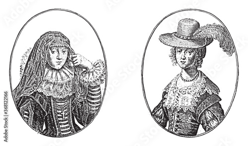 Portraits of the courtesans named Signora Isabella and Schone Mayken, vintage illustration.