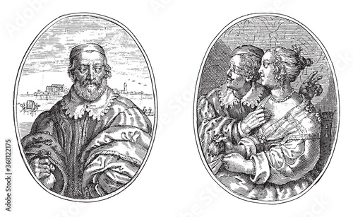 Nobleman from Venice and his wife Leonella, Crispijn van de Passe (II), 1641, vintage illustration.