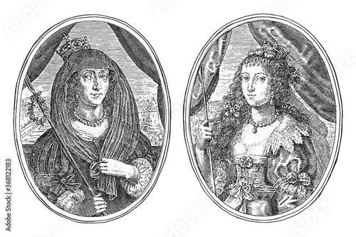 Portraits of Elisabeth Stuart and Louisa Juliana, both as shepherdess, vintage illustration.