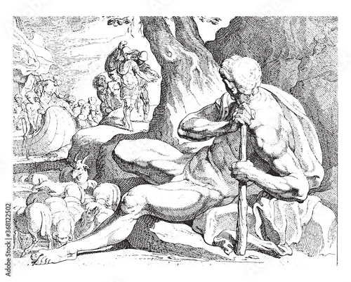 Polyphemus guards the flock, vintage illustration.