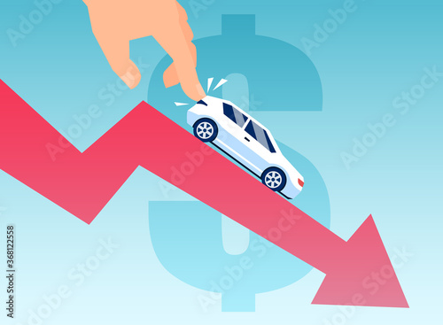 Vector of a man pushing down a car on a financial graph. Automobile depreciation photo