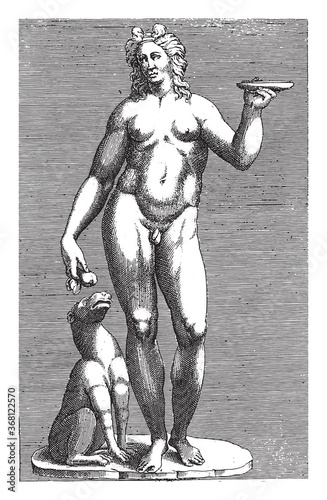 Sculpture of Bacchus and a Dog, anonymous, 1584, vintage illustration.