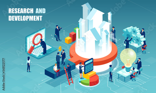 Research and development concept. Vector of businesspeople working as a team on market analysis