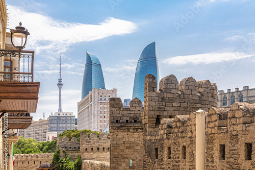 Fortress walls of the old city, Flame towers and TV tower in Baku