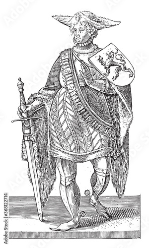 Count Floris II of Holland, Hendrick Goltzius, after Willem Thibaut, vintage illustration. photo