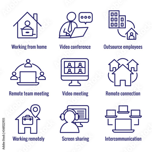 Remote work icon set with work from home, video meetings, etc