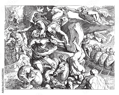 Neptune stirs up a storm, vintage illustration.