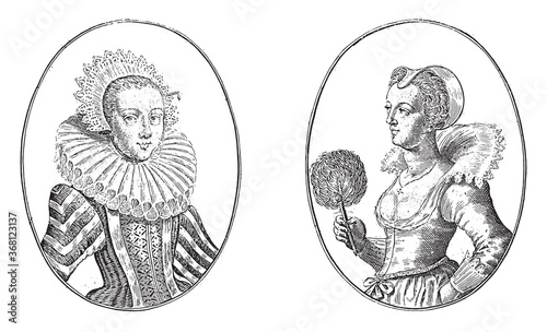 Portraits of the Schone Jenne van Arras and Marotte van Nancy, vintage illustration.