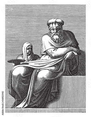 Old Man with Servant, Adamo Scultori, after Michelangelo, 1585, vintage illustration.