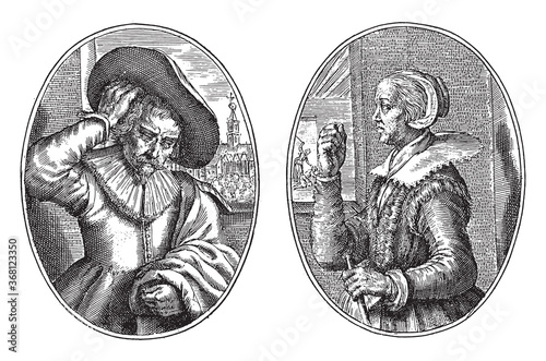 Lapsnijder and his wife, Crispijn van de Passe (II), 1641, vintage illustration.