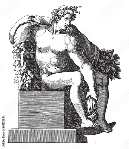 Seated Nude, Adamo Scultori, after Michelangelo, 1585, vintage illustration.