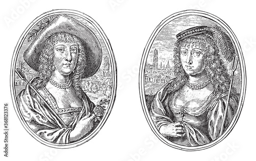 Portraits of two unknown women, vintage illustration.