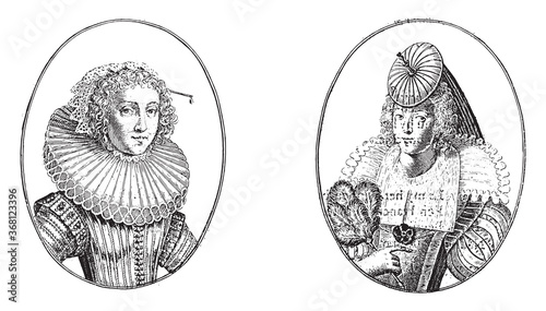 Portraits of the courtesans called Schone Maritje and Madame Agnes de Vit, vintage illustration.