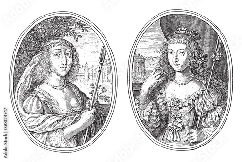 Portraits of Louise van Solms and an unknown high-ranking woman, vintage illustration.