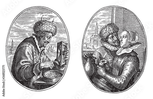 Mate and his wife, Crispijn van de Passe (II), 1641, vintage illustration.