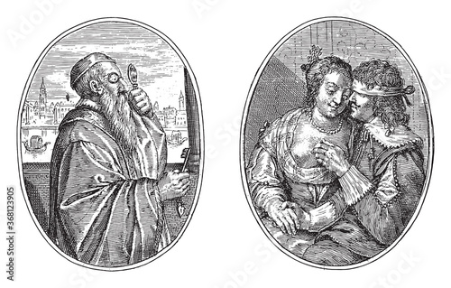 Nobleman from Venice and his wife Paulina, Crispijn van de Passe (II), 1641, vintage illustration.