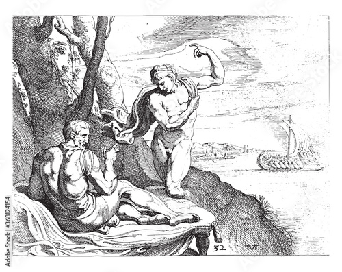 Minerva appears in the guise of Telemachus to Odysseus, vintage illustration. photo