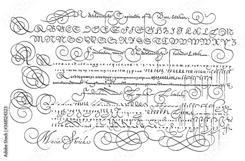 Examples of the Dutch capitals, the standing letter and italic hand, vintage illustration.
