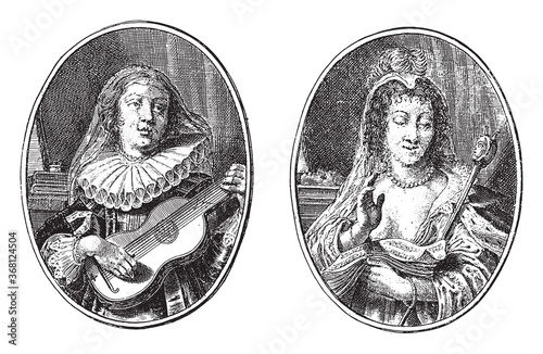 Melpomene and Thalia, Crispijn van de Passe (II), 1640, vintage illustration.
