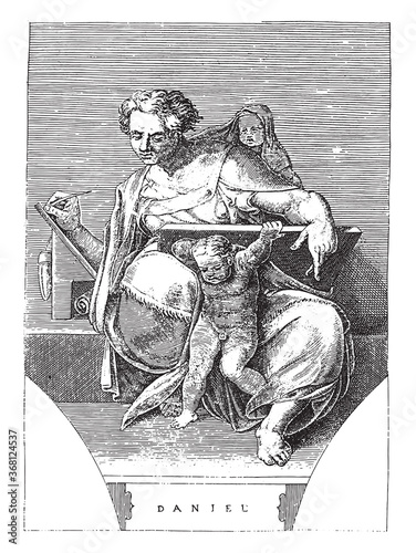 Prophet Daniel, Adamo Scultori, after Michelangelo, 1585, vintage illustration.