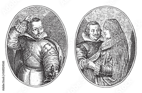 Don Diego from Castile and his wife, Crispijn van de Passe (II), 1641, vintage illustration.