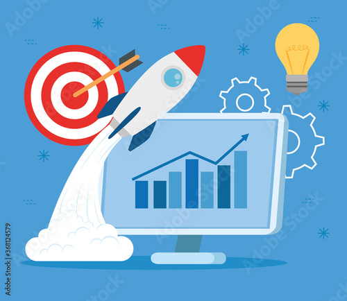 business start up concept, banner, business object startup process, rocket with computer and business icons vector illustration design