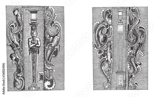 Two Columns and Four Lobe Style Ornaments, vintage illustration.