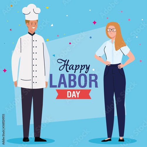 labor day poster, with woman and man of different professions, businesswoman and chef vector illustration design
