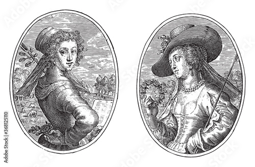 Silvia and Aminta, Crispijn van de Passe (II), 1640, vintage illustration.
