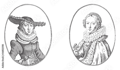 Portraits of the courtesans Maria van Strasbourg and Catrijn van Praag, vintage illustration.