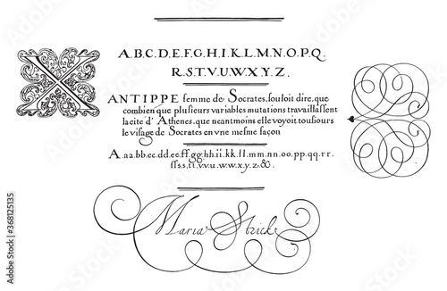 Writing example with capital X, vintage illustration.