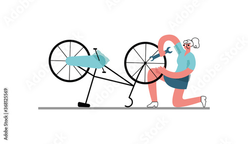 Vector flat illustration of young woman repairing Bicycle on her own. It can be used in web design, banners, posters, etc.