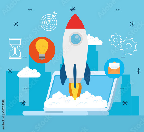 business start up concept, banner, business object startup process, laptop with rocket and business icons vector illustration design