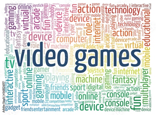 Video games word cloud isolated on a white background