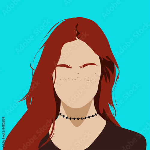 Front portrait of a beautiful girl. Faceless young redhead woman. Avatar for social networks. Fashion and beauty. Bright vector illustration in flat style.