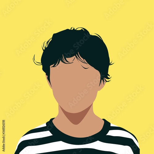 Front portrait of a guy. Faceless young dark haired boy. Avatar for social networks. Fashion and beauty. Bright vector illustration in flat style.
