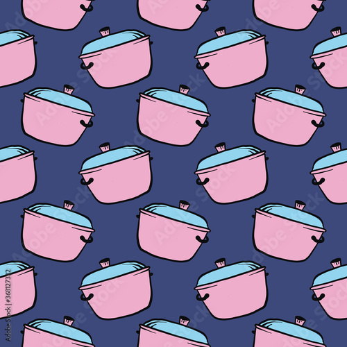 Light pink saucepan ,seamless pattern on dark blue background.