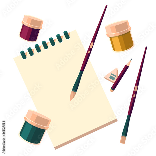 Sketchbook and paint brush sticker set on white isolated backdrop. Stationery for invitation or gift card, notebook, bath tile, scrapbook Phone case or cloth print Flat style stock vector illustration
