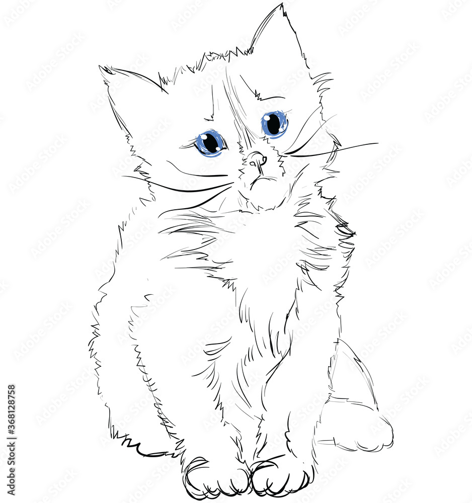Obraz premium Vector Illustration of Adorable Blue-Eyed Cat on Black. Sketched Little Cute Kitten. Monochrome Freehand Drawing. Kids Style Graphic. Stylized Cartoon Beautiful Kitty. Realistic Drawing. Animal Art.