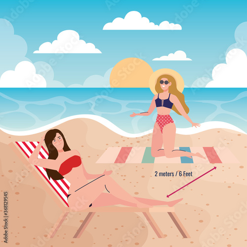 social distancing on the beach  women keep distance two meters or six feet  new normal summer beach concept after coronavirus or covid 19 vector illustration design